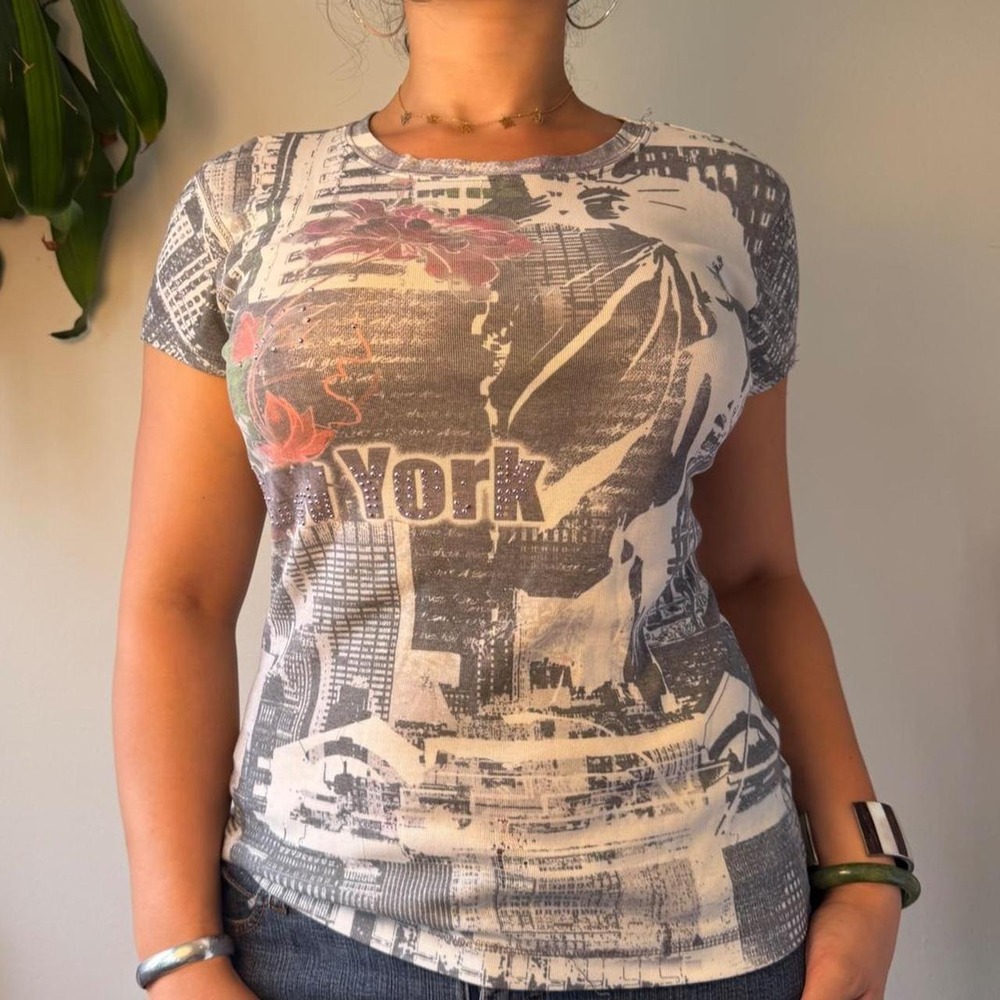 Apt 9 Y2K NYC Cityscape Graphic Baby Tee Rhinestone Grey Pink Large
